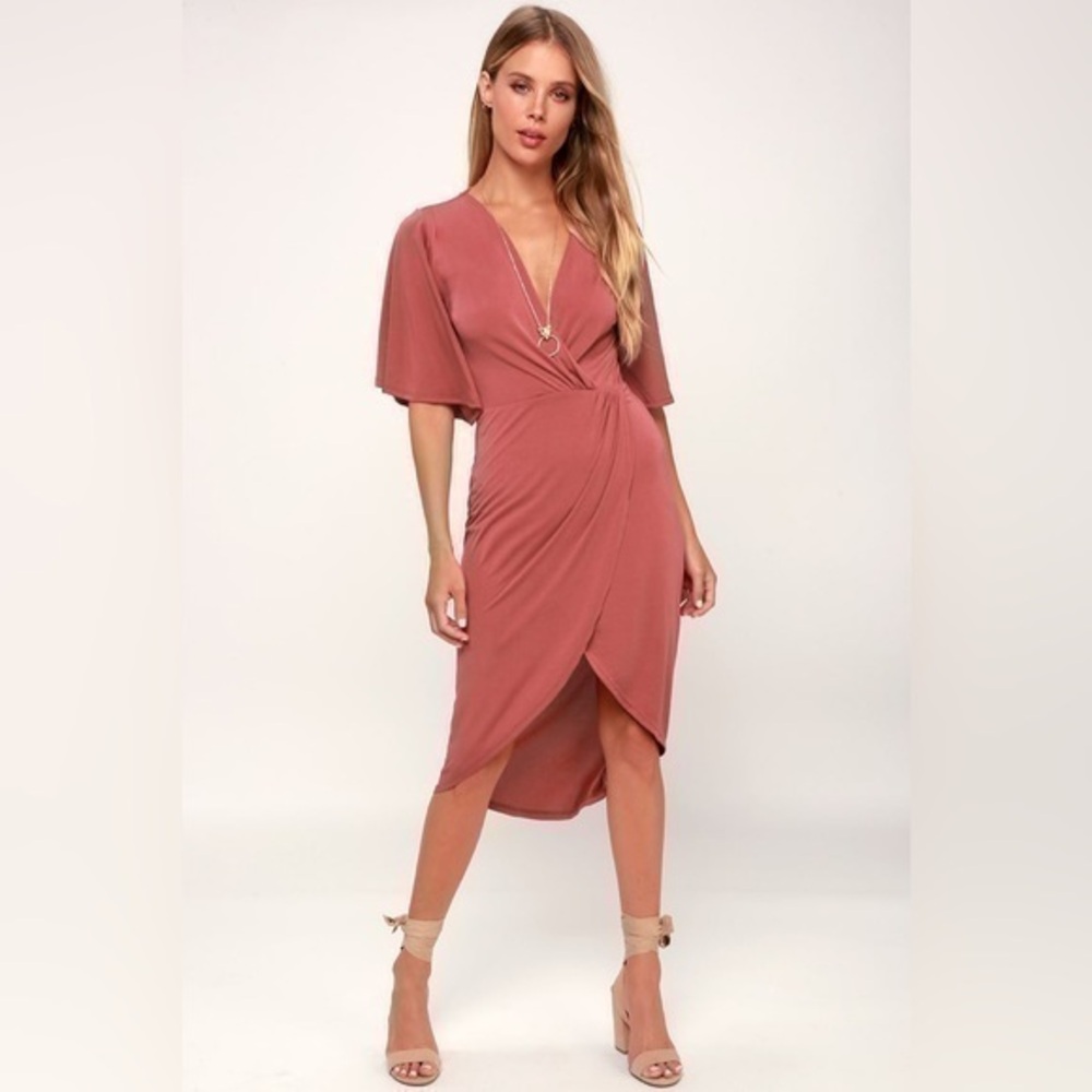 Lulus Dulcet Rusty Rose Surplice Midi Dress Size Small